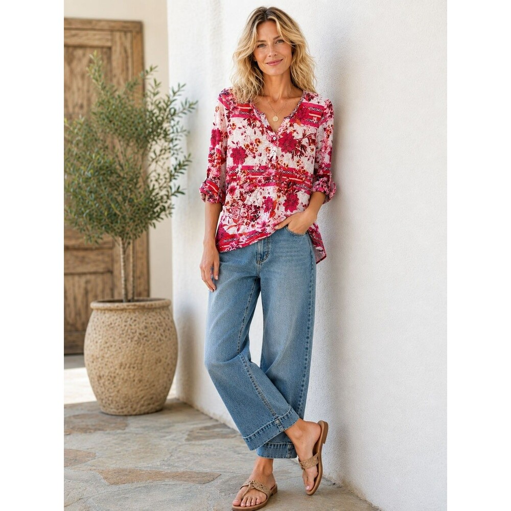 David Cline sz SMALL Women's Floral Burnout Tee Top Roll Tab Sleeves Tunic Pink